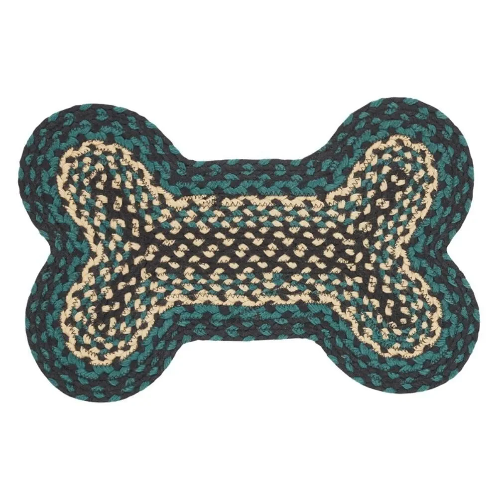 Farmhouse Green Black Cream Jute Braided Bone Shaped Dog Feeder Mat Pet
